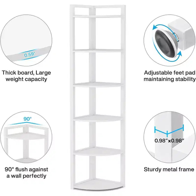 6-Tier Corner Bookshelf, 70.86" Tall Shelving Unit with Adjustable Leg Pads
