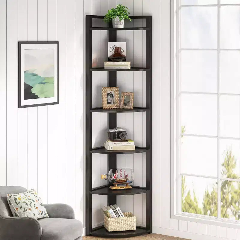 6-Tier Corner Bookshelf, 70.86" Tall Shelving Unit with Adjustable Leg Pads