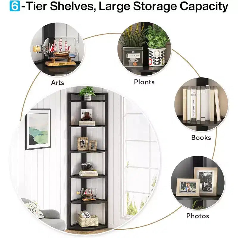 6-Tier Corner Bookshelf, 70.86" Tall Shelving Unit with Adjustable Leg Pads