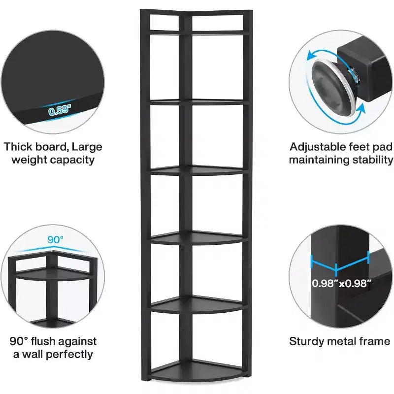 6-Tier Corner Bookshelf, 70.86" Tall Shelving Unit with Adjustable Leg Pads