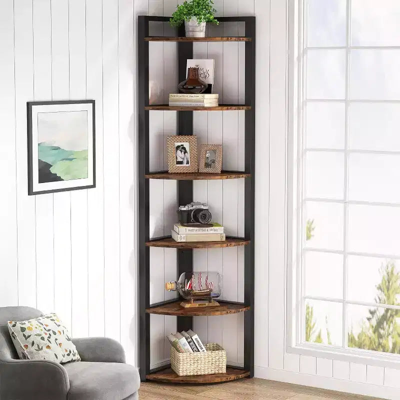 6-Tier Corner Bookshelf, 70.86" Tall Shelving Unit with Adjustable Leg Pads