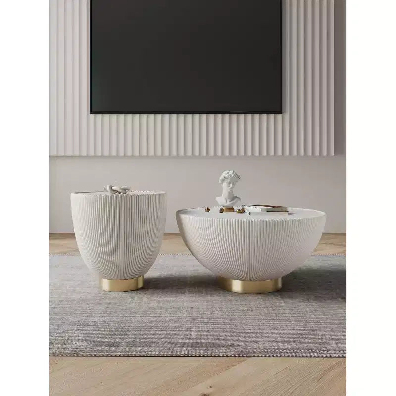 2-Piece Round Leatherette Coffee Table & End Table Set with Faux Marble Top