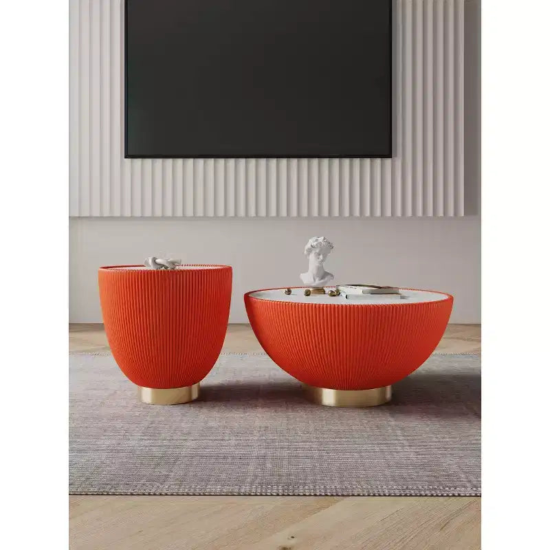 2-Piece Round Leatherette Coffee Table & End Table Set with Faux Marble Top