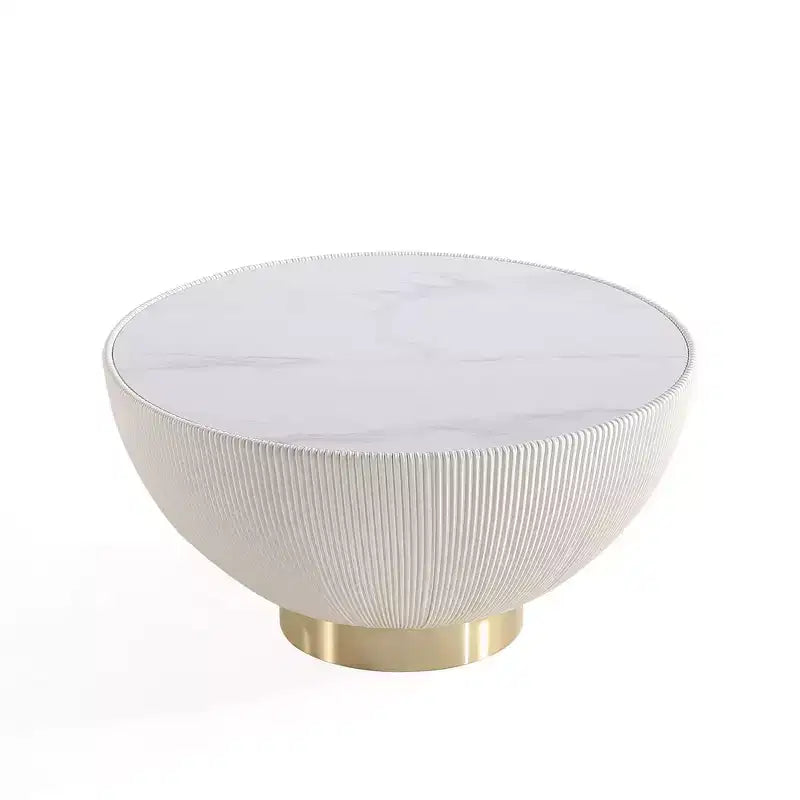 2-Piece Round Leatherette Coffee Table & End Table Set with Faux Marble Top