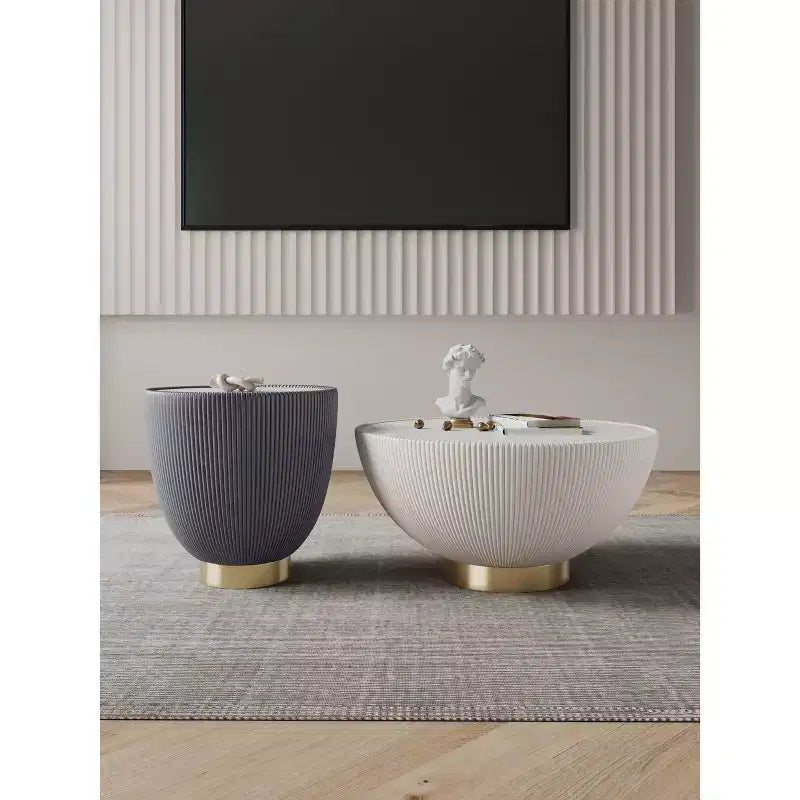 2-Piece Round Leatherette Coffee Table & End Table Set with Faux Marble Top