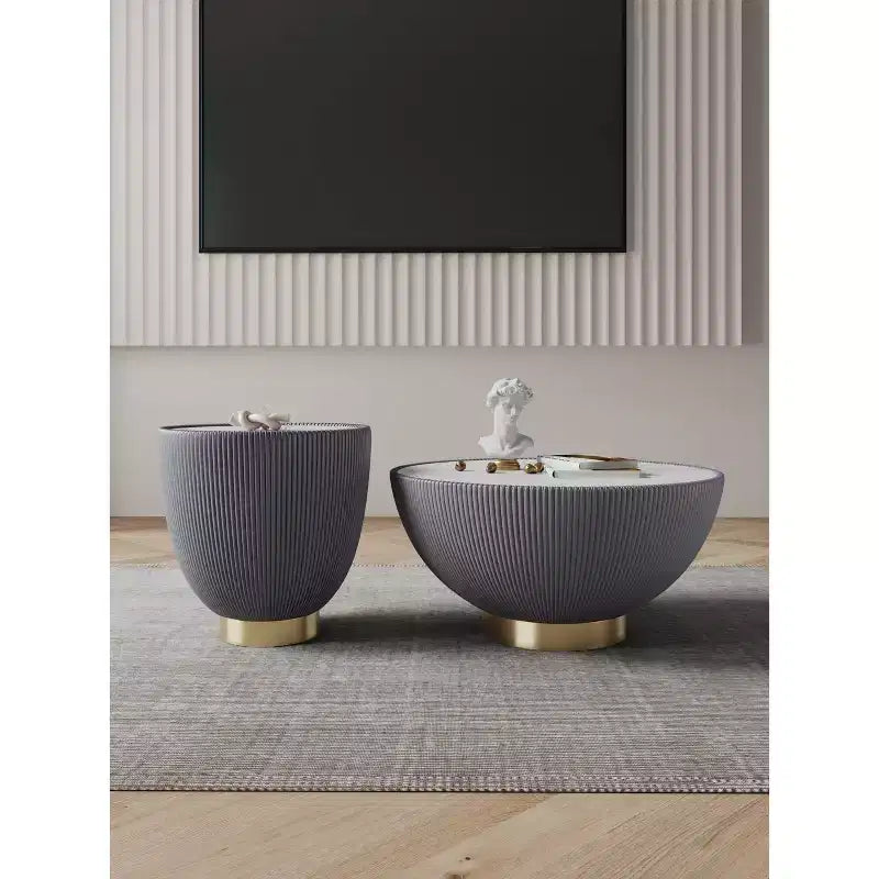 2-Piece Round Leatherette Coffee Table & End Table Set with Faux Marble Top