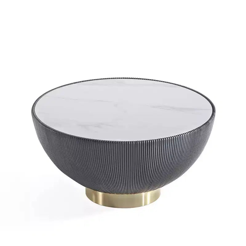 2-Piece Round Leatherette Coffee Table & End Table Set with Faux Marble Top