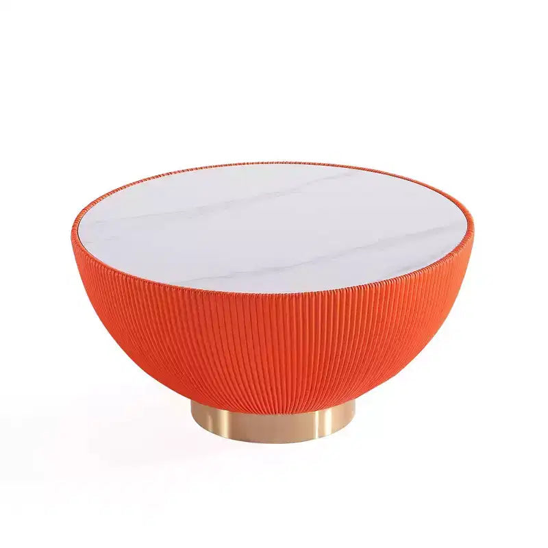 2-Piece Round Leatherette Coffee Table & End Table Set with Faux Marble Top