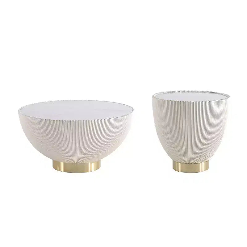 2-Piece Round Leatherette Coffee Table & End Table Set with Faux Marble Top