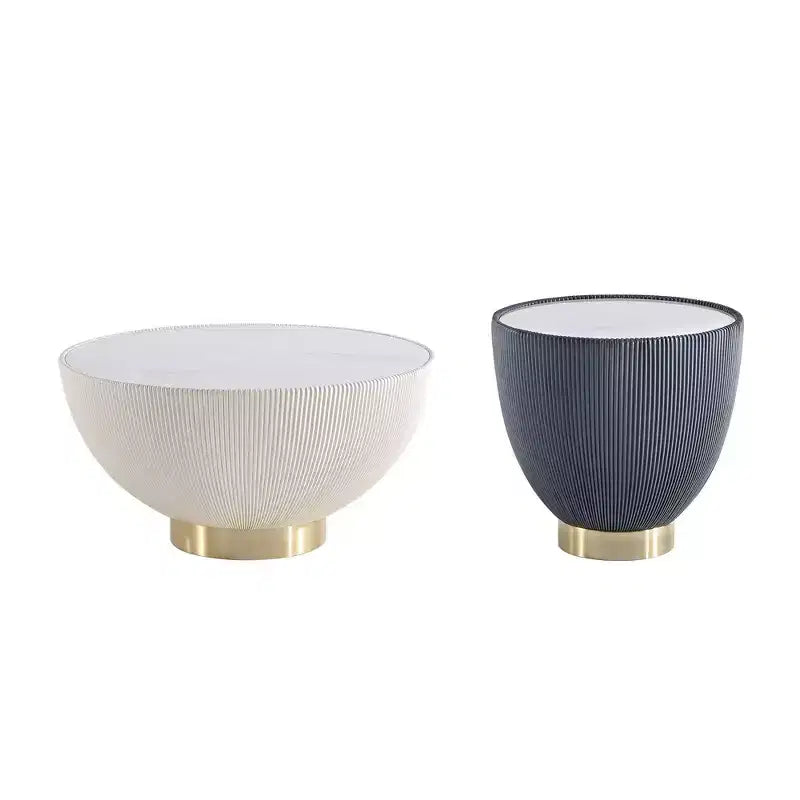 2-Piece Round Leatherette Coffee Table & End Table Set with Faux Marble Top
