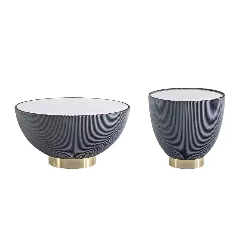 2-Piece Round Leatherette Coffee Table & End Table Set with Faux Marble Top