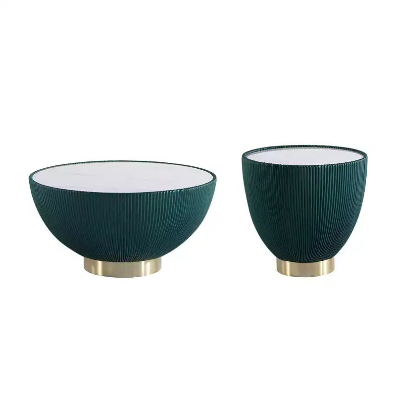 2-Piece Round Leatherette Coffee Table & End Table Set with Faux Marble Top