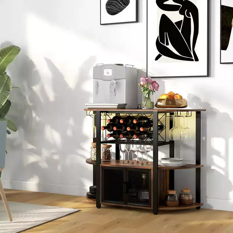 HOMCOM Wine Cabinet with Charging Station and LED Lights, Bar Cabinet with Wine Racks, Glass Holders, Mesh Doors and Open Shelves, Rustic Brown