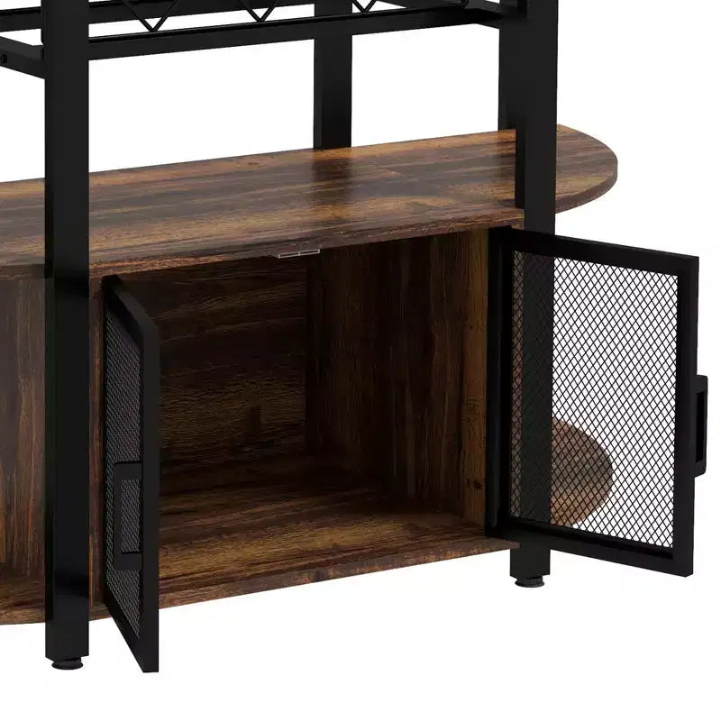 HOMCOM Wine Cabinet with Charging Station and LED Lights, Bar Cabinet with Wine Racks, Glass Holders, Mesh Doors and Open Shelves, Rustic Brown