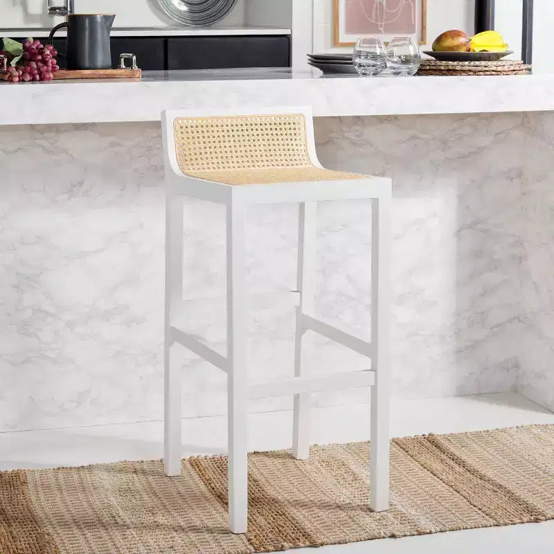 Low Back Cane Rattan Bar Stool in Black Beechwood Frame, Fixed Height 31.5"