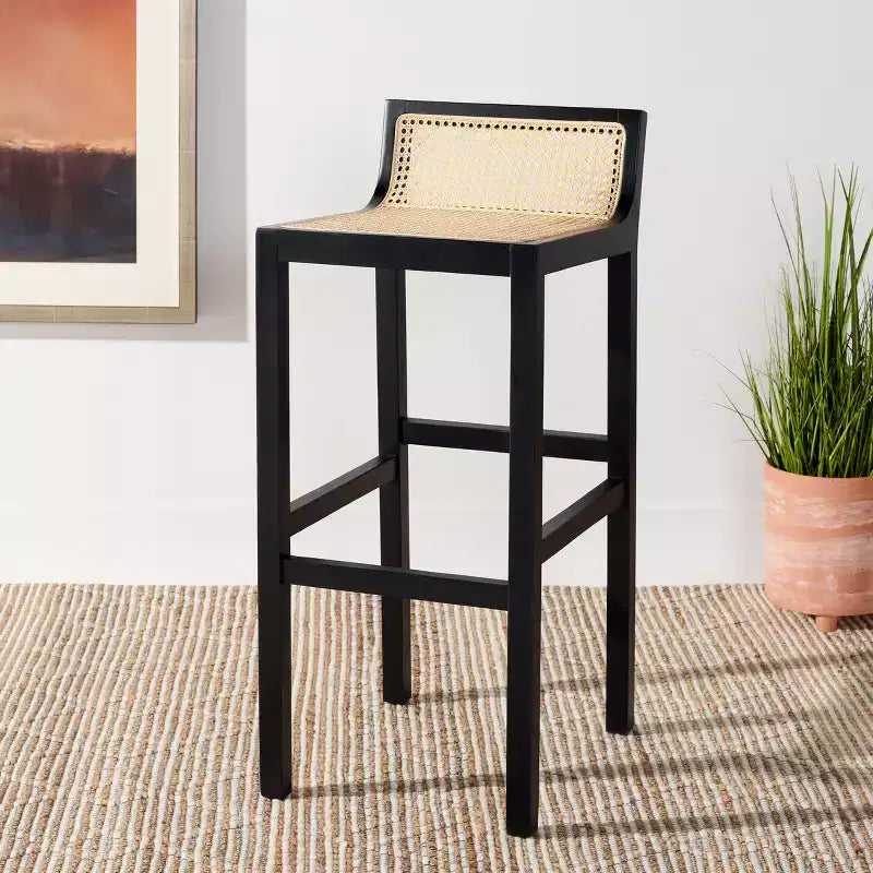 Low Back Cane Rattan Bar Stool in Black Beechwood Frame, Fixed Height 31.5"