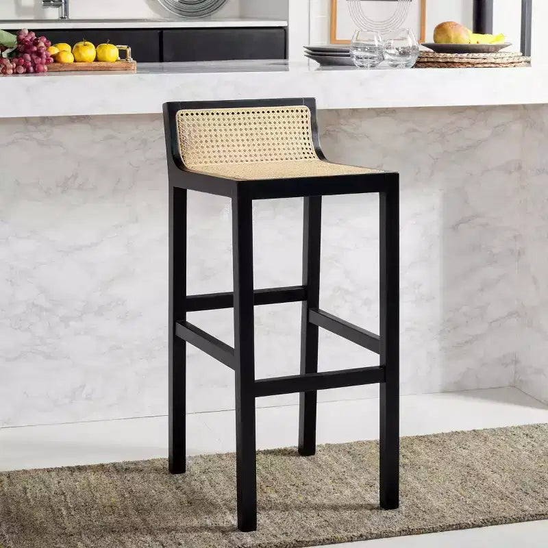 Low Back Cane Rattan Bar Stool in Black Beechwood Frame, Fixed Height 31.5"