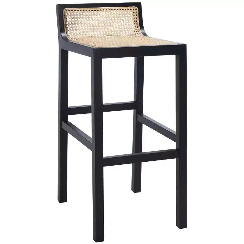 Low Back Cane Rattan Bar Stool in Black Beechwood Frame, Fixed Height 31.5"