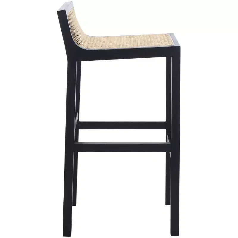 Low Back Cane Rattan Bar Stool in Black Beechwood Frame, Fixed Height 31.5"