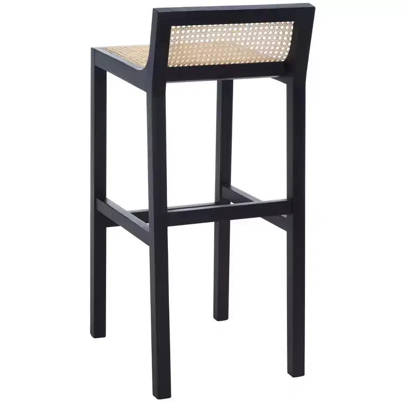 Low Back Cane Rattan Bar Stool in Black Beechwood Frame, Fixed Height 31.5"