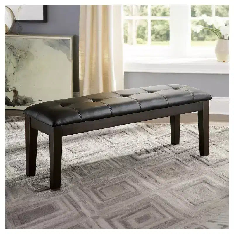 Upholstered Dining Bench with Button-Tufted Faux Leather & Wood Legs, Dark Brown