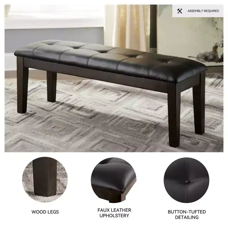 Upholstered Dining Bench with Button-Tufted Faux Leather & Wood Legs, Dark Brown