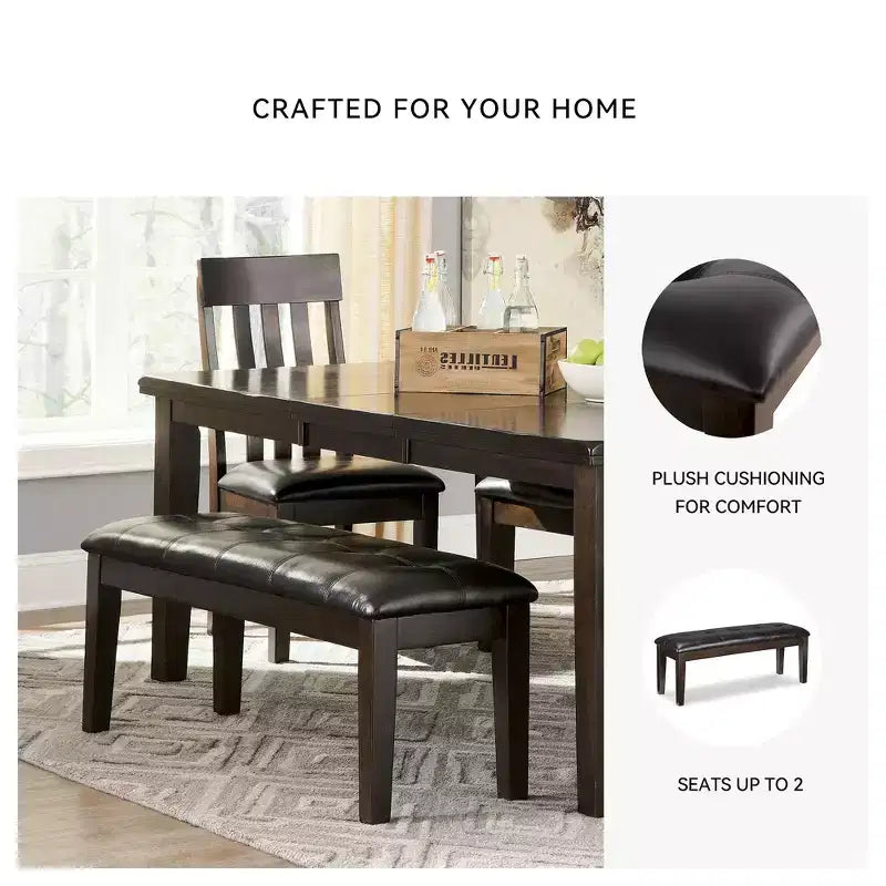 Upholstered Dining Bench with Button-Tufted Faux Leather & Wood Legs, Dark Brown