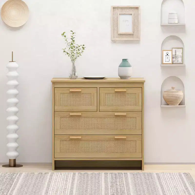 31.5" 4-Drawer Rattan Dresser with Natural Wood Finish for Bedroom & Living Room