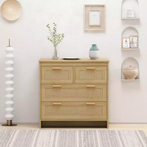 31.5" 4-Drawer Rattan Dresser with Natural Wood Finish for Bedroom & Living Room