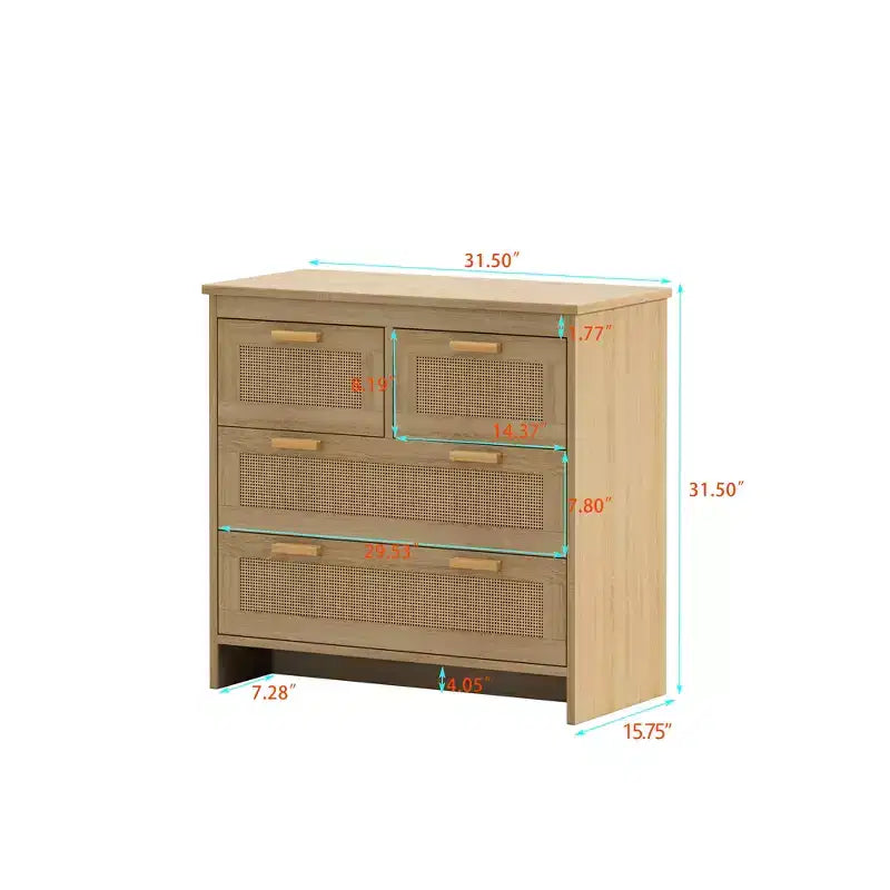 31.5" 4-Drawer Rattan Dresser with Natural Wood Finish for Bedroom & Living Room