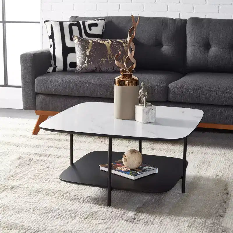 Modern Two-Tier Coffee Table with White Marble Top & Black Lower Shelf, 29.5"