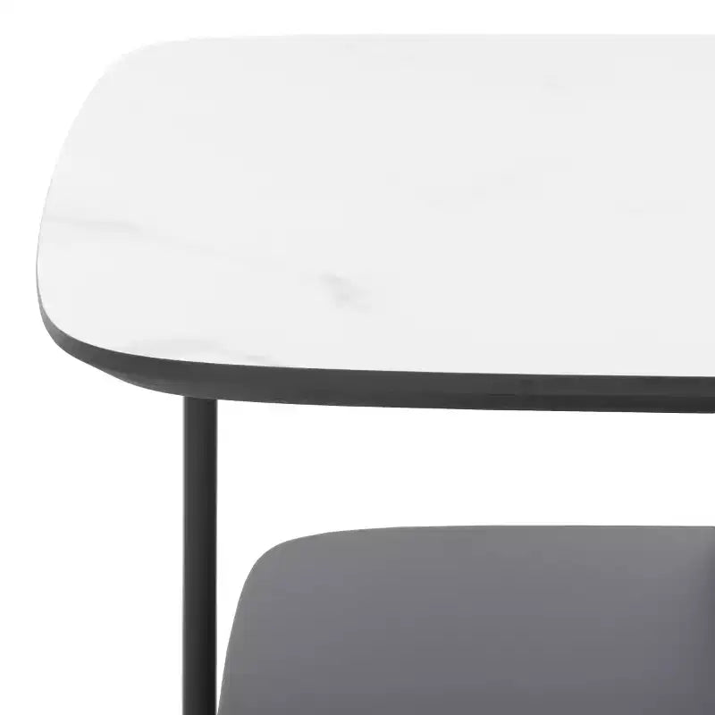 Modern Two-Tier Coffee Table with White Marble Top & Black Lower Shelf, 29.5"