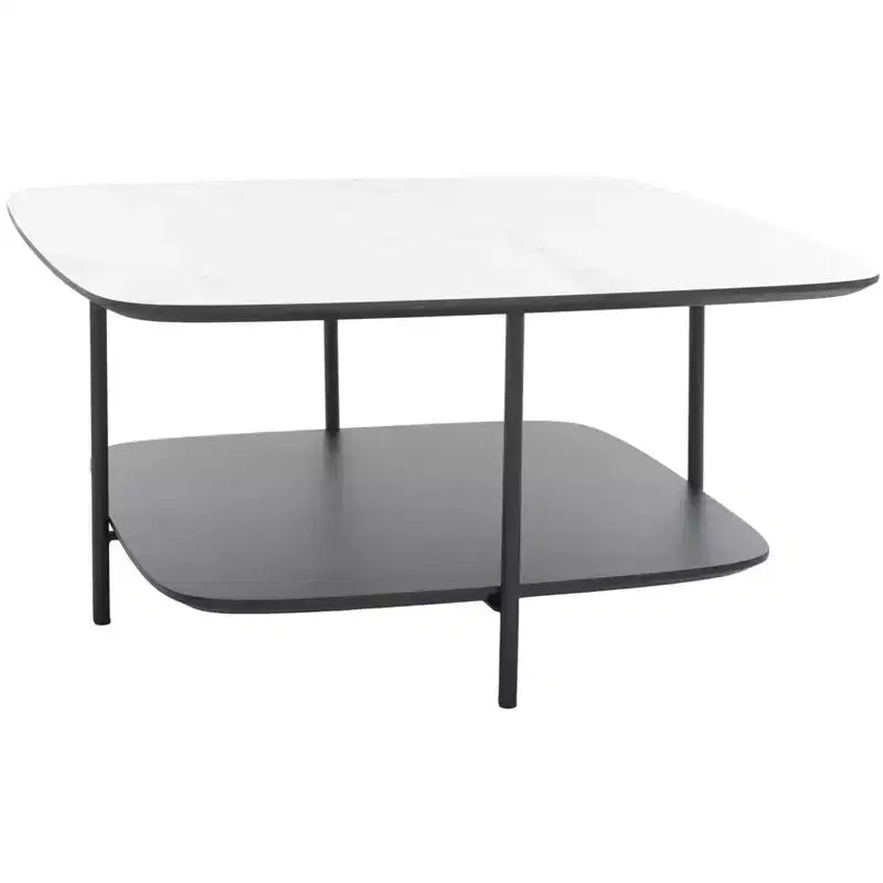 Modern Two-Tier Coffee Table with White Marble Top & Black Lower Shelf, 29.5"