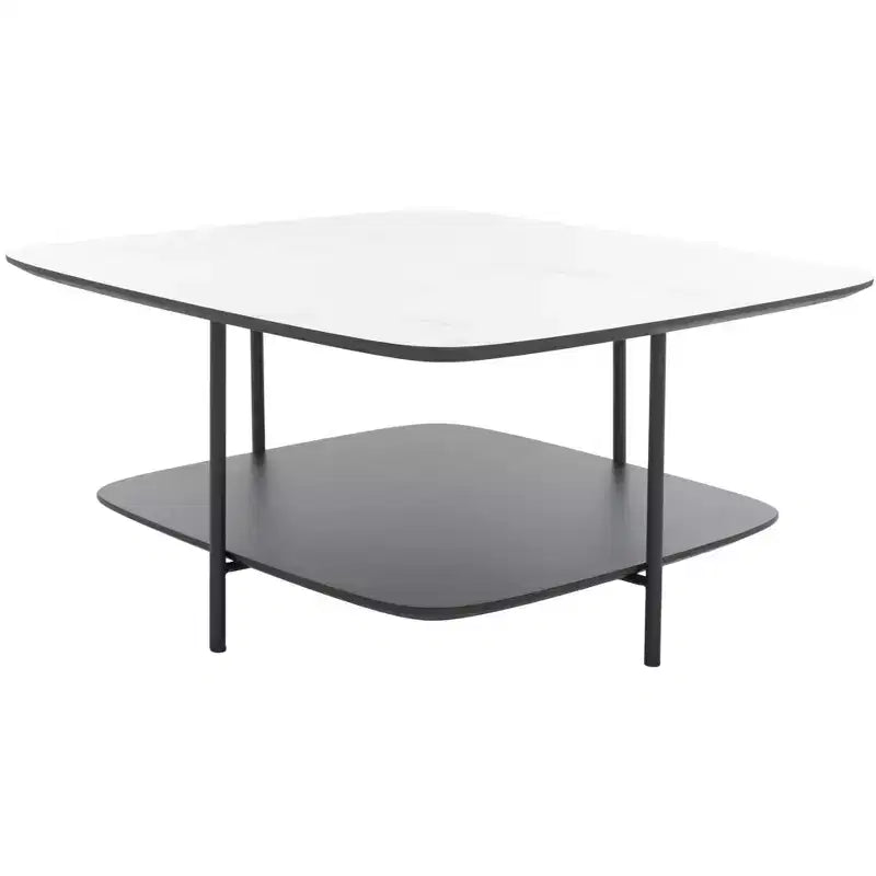 Modern Two-Tier Coffee Table with White Marble Top & Black Lower Shelf, 29.5"