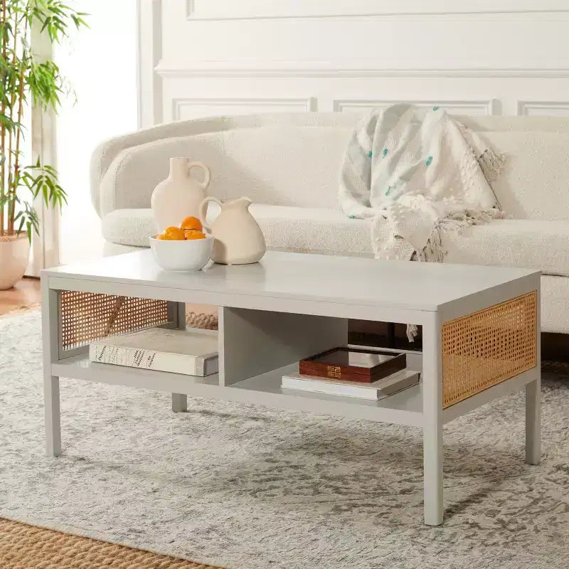 Rattan Mesh Coffee Table with 2 Open Shelves & Veneer Top, 150 lb Capacity