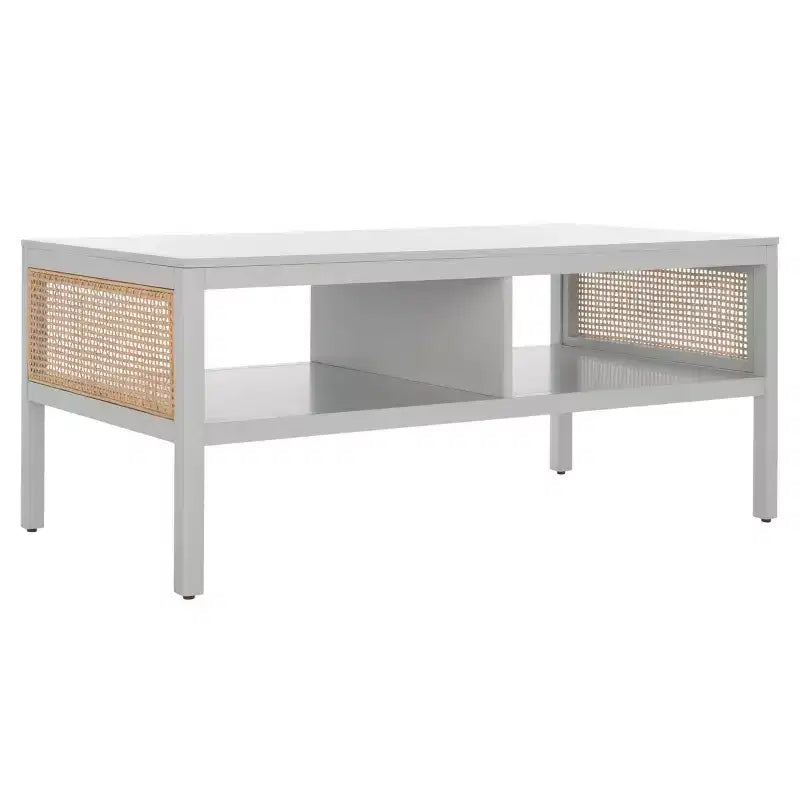 Rattan Mesh Coffee Table with 2 Open Shelves & Veneer Top, 150 lb Capacity