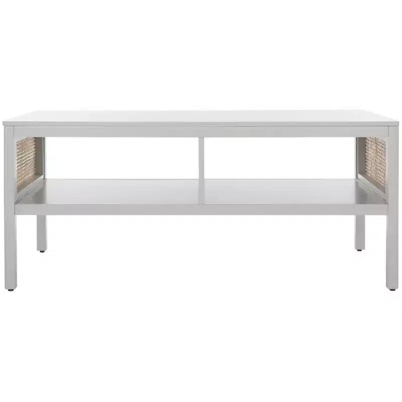 Rattan Mesh Coffee Table with 2 Open Shelves & Veneer Top, 150 lb Capacity
