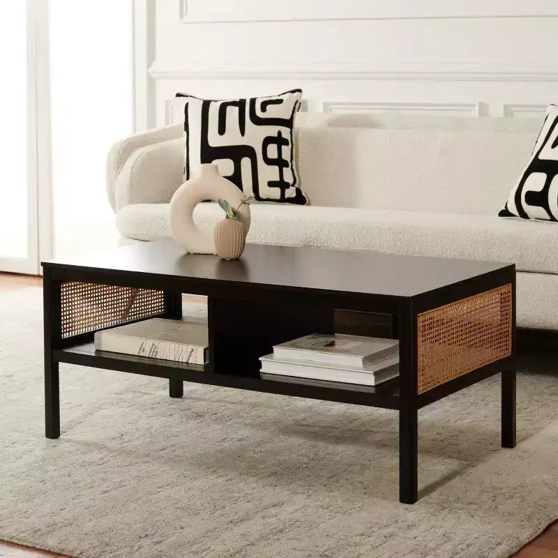 Rattan Mesh Coffee Table with 2 Open Shelves & Veneer Top, 150 lb Capacity