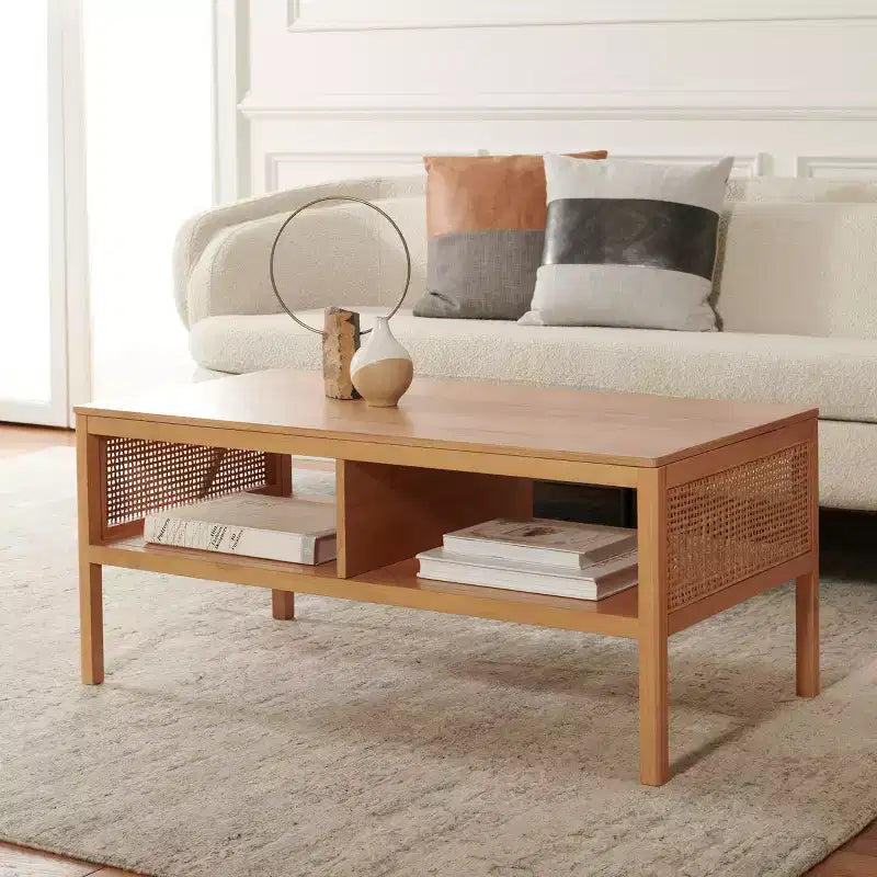 Rattan Mesh Coffee Table with 2 Open Shelves & Veneer Top, 150 lb Capacity