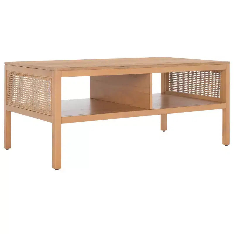 Rattan Mesh Coffee Table with 2 Open Shelves & Veneer Top, 150 lb Capacity