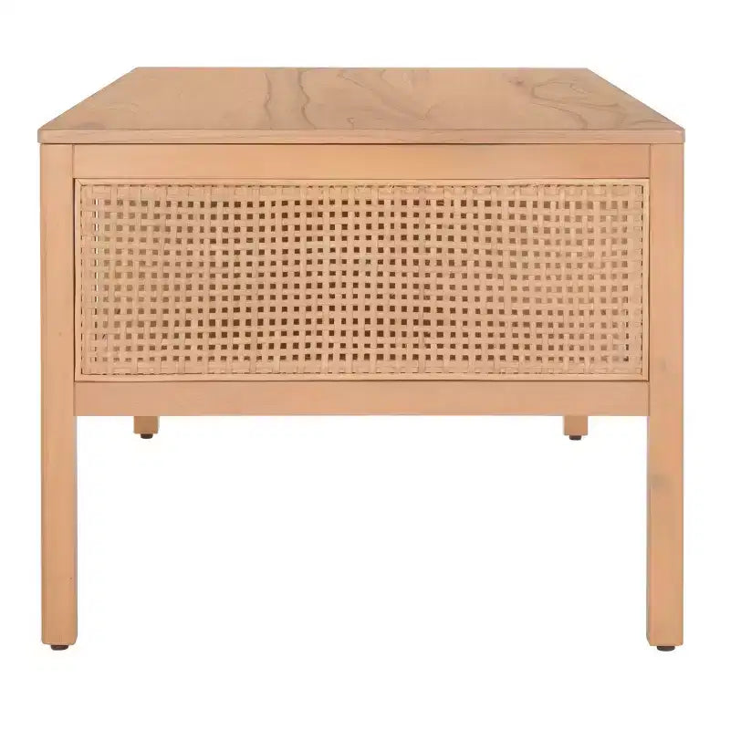 Rattan Mesh Coffee Table with 2 Open Shelves & Veneer Top, 150 lb Capacity