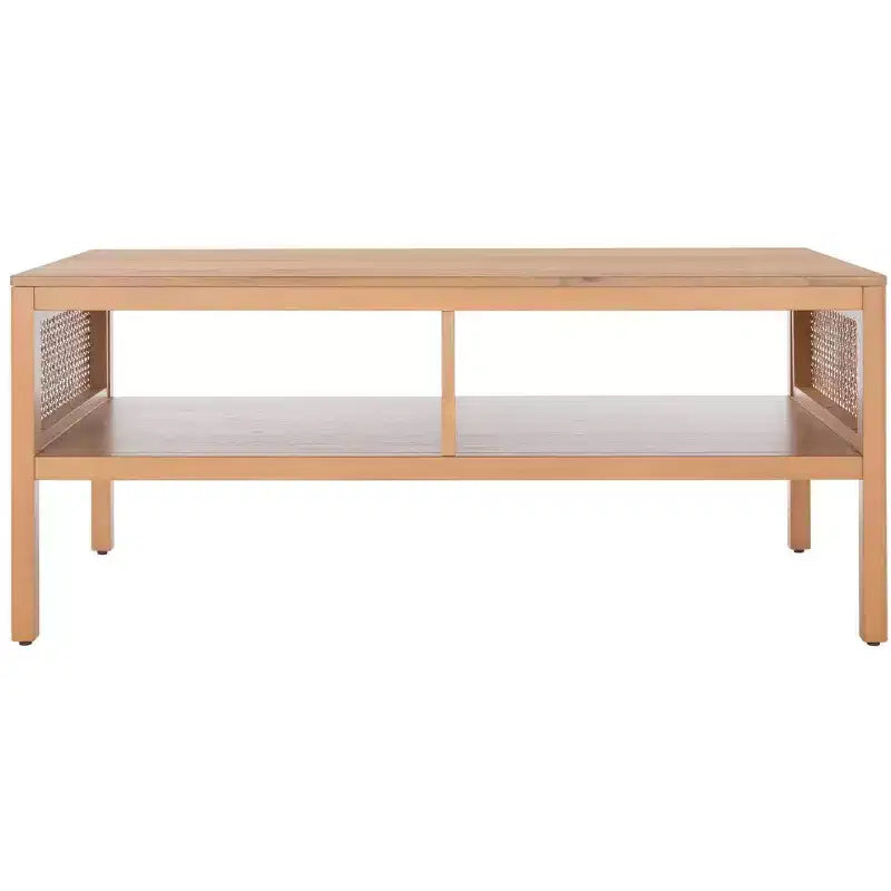 Rattan Mesh Coffee Table with 2 Open Shelves & Veneer Top, 150 lb Capacity