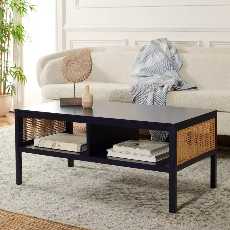 Rattan Mesh Coffee Table with 2 Open Shelves & Veneer Top, 150 lb Capacity