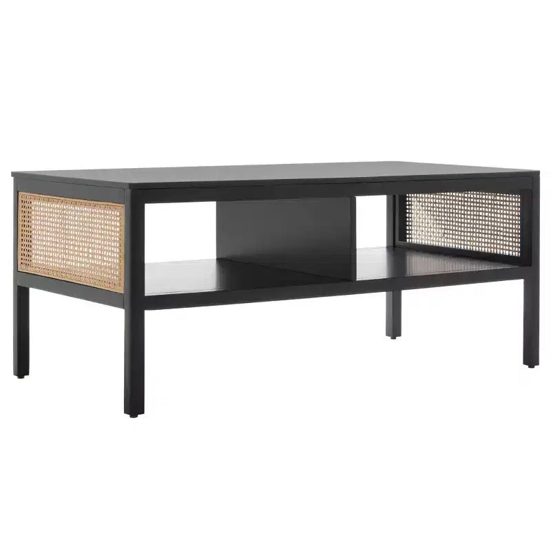 Rattan Mesh Coffee Table with 2 Open Shelves & Veneer Top, 150 lb Capacity