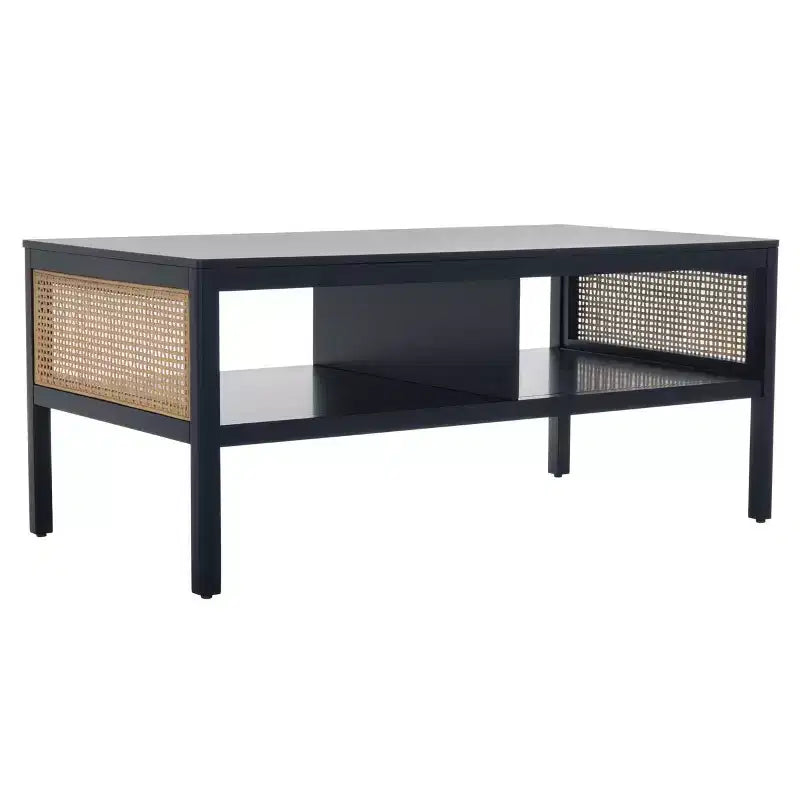 Rattan Mesh Coffee Table with 2 Open Shelves & Veneer Top, 150 lb Capacity