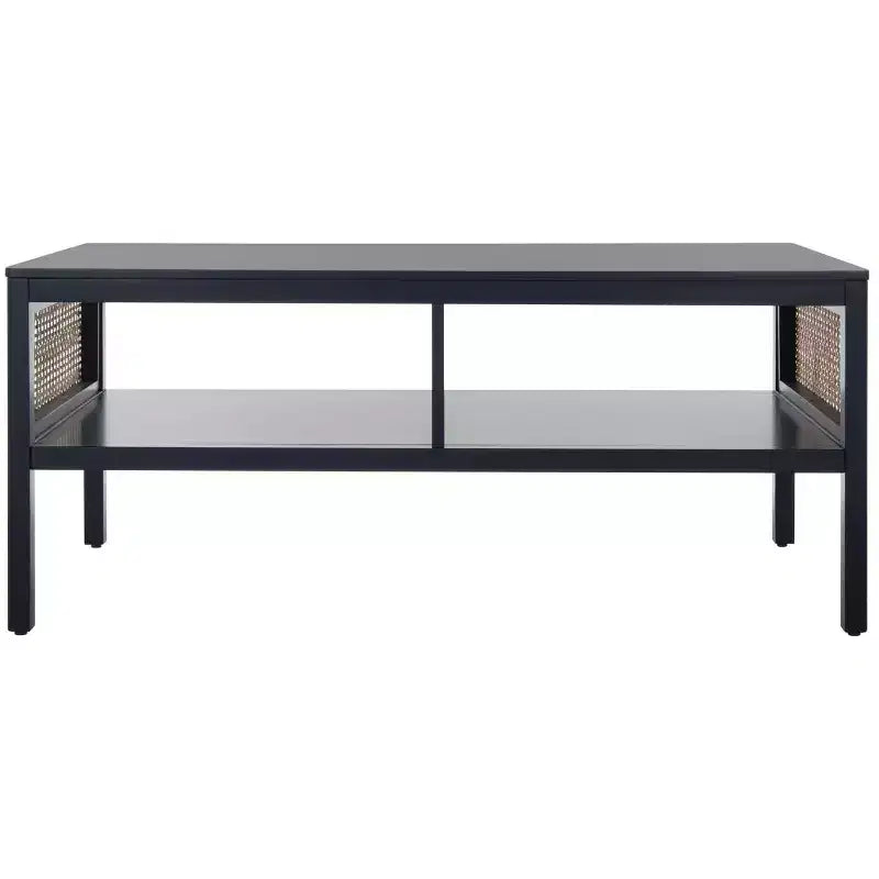 Rattan Mesh Coffee Table with 2 Open Shelves & Veneer Top, 150 lb Capacity