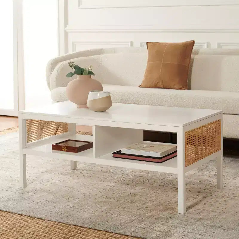 Rattan Mesh Coffee Table with 2 Open Shelves & Veneer Top, 150 lb Capacity