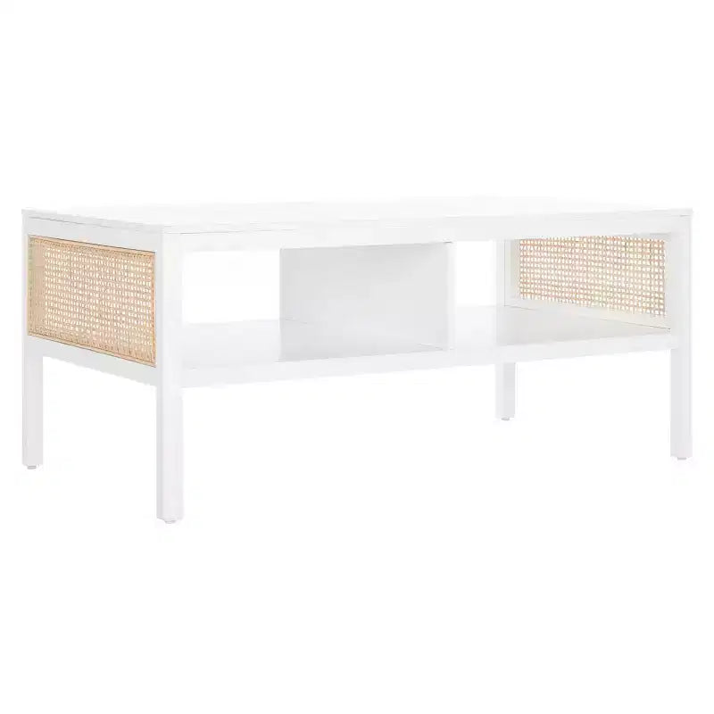 Rattan Mesh Coffee Table with 2 Open Shelves & Veneer Top, 150 lb Capacity