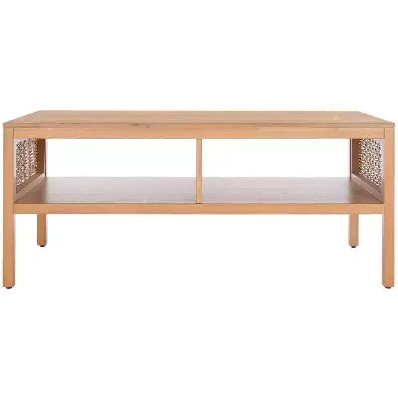Rattan Mesh Coffee Table with 2 Open Shelves & Veneer Top, 150 lb Capacity