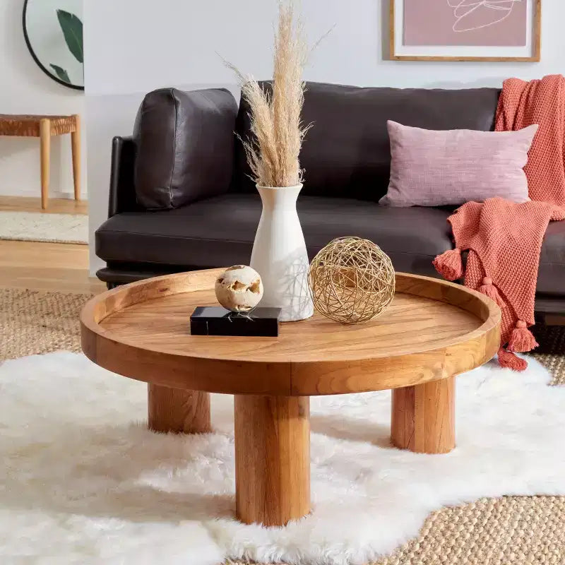 Round 3-Leg Coffee Table in Natural Bayur Wood & MDF Veneer, 135 lb Capacity